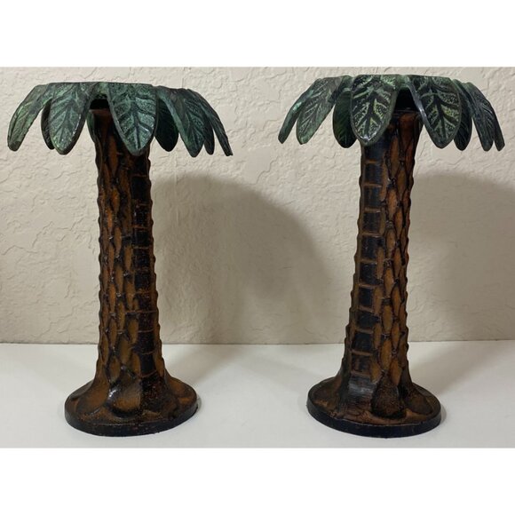 Vintage Metal Green & Brown Palm Tree Candleholders - Picture 3 of 8